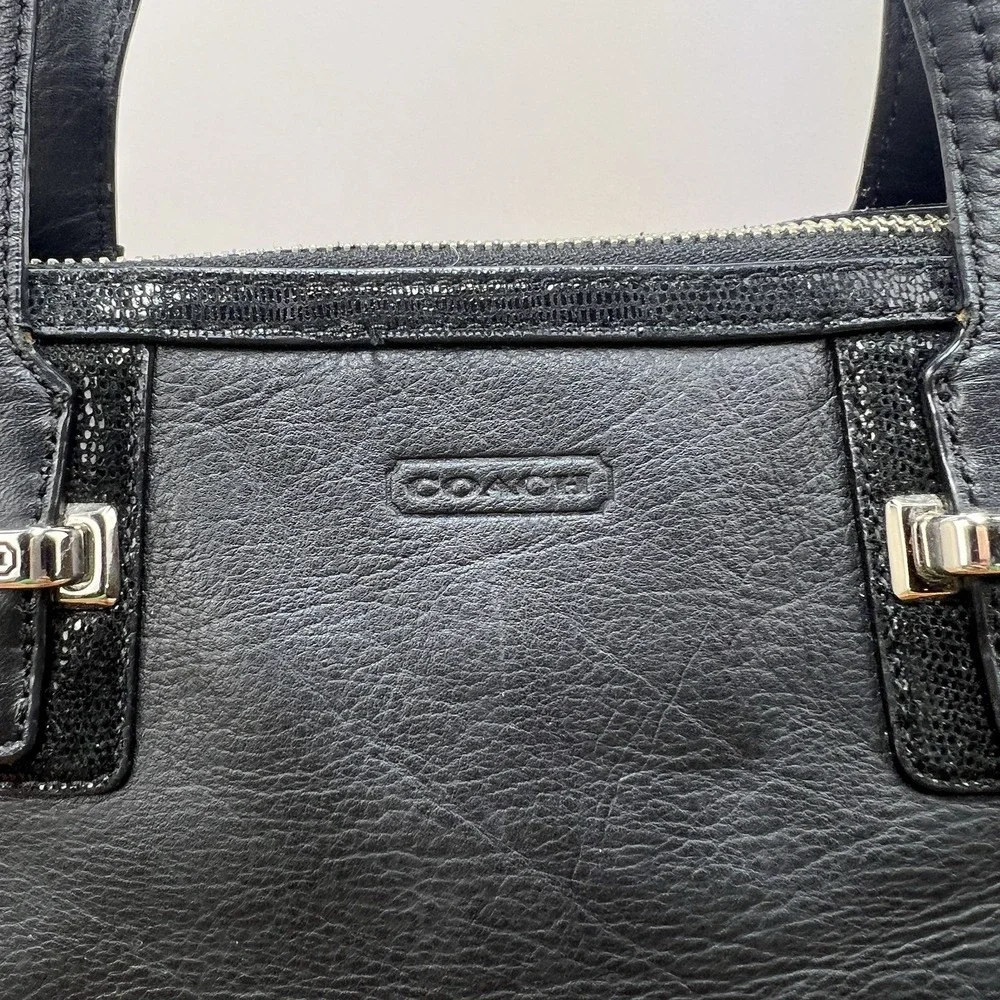 Coach F25796 Black Leather Satchel Handbag Silver Hardware Zip Top Purse